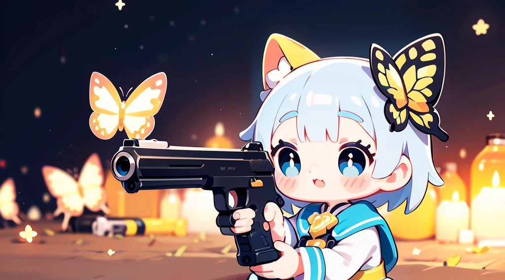 Octane Render、(Hyper-detailing: 1.15)、cinematic lightening、Cute Fantasy Princess、Handgun shooting practice、Fine Pattern Pistol,long boots、ultradetailed eyes、Full Paint、(Floral hair ornament、butterfly hair ornament)、masutepiece、Anatomically correct、blur、depth of fields