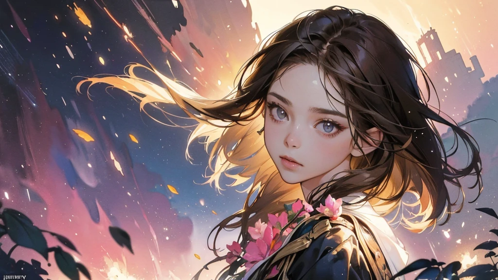 32k, Masterpiece, Highest quality, One girl, Brown Hair, Detailed eyes, flower,Freesia, Pink and navy style,A dreamy, romantic piece,Pale yellow, Mysterious Leaves,A playful arrangement,Fantasy,High Contrast,Ink strokes,explosion,Exposure, Impression of pink and navy tones,Abstract,((Watercolours by John Berkey and Jeremy Mann )) Brush strokes,Negative Space, Tyndall effect,