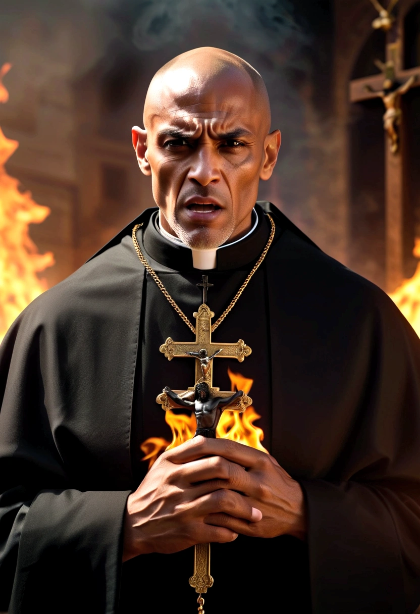 Create an image with an ultra realistic maromba muscular priest in cassock tearing up with so much muscle the priest has a face with an angry expression with a crucifix in his hand expelling demons with a fire background the desperate demon full hd com a biblia aberta