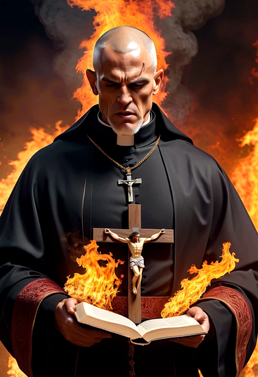 Create an image with an ultra realistic maromba muscular priest in cassock tearing up with so much muscle the priest has a face with an angry expression with a crucifix in his hand expelling demons with a fire background the desperate demon full hd com a biblia aberta