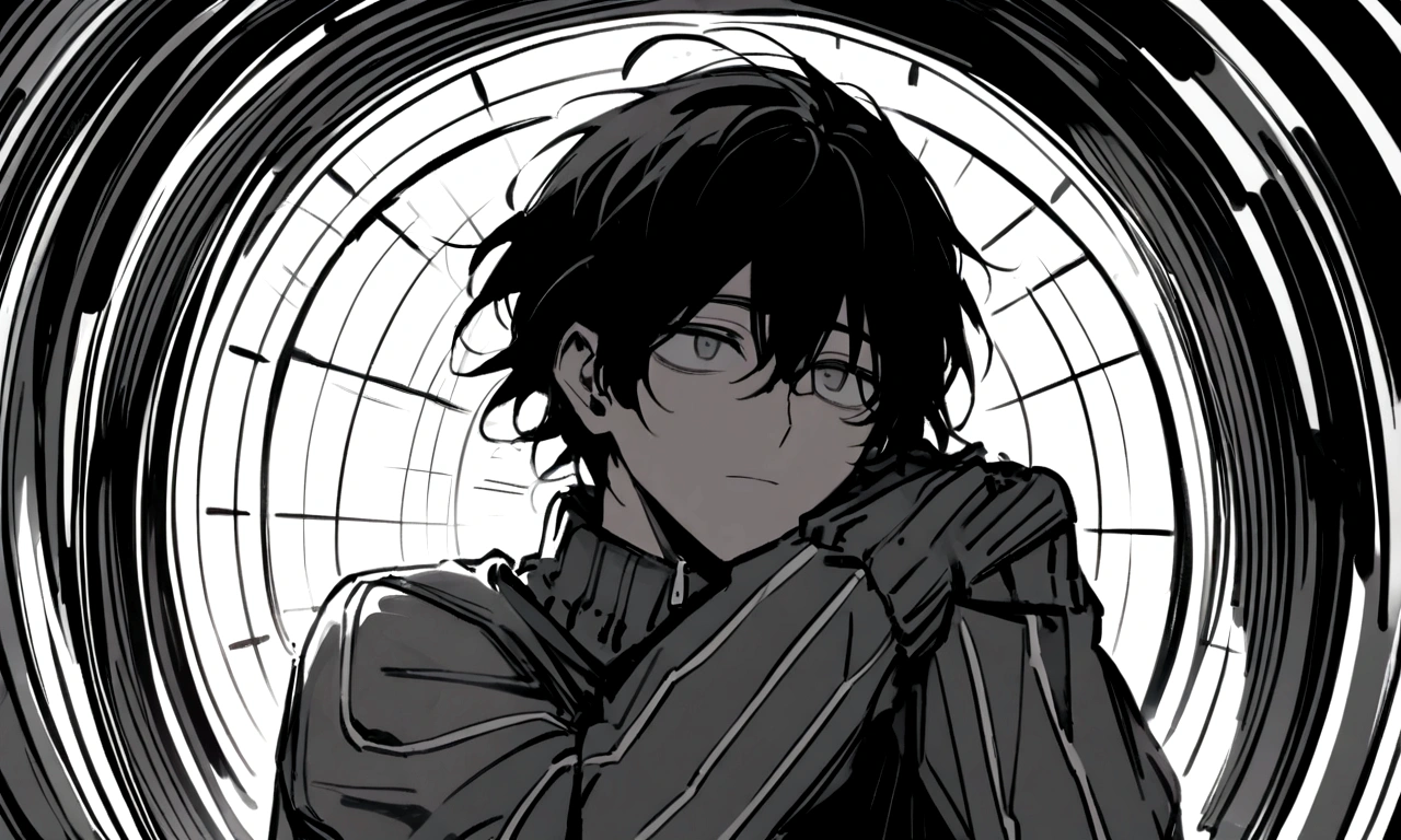 black and white drawing, collapsing giant clockwork background, machine falls apart, 26 year old male 1, black neat hair, a lonely face, wearing gray tracksuit,