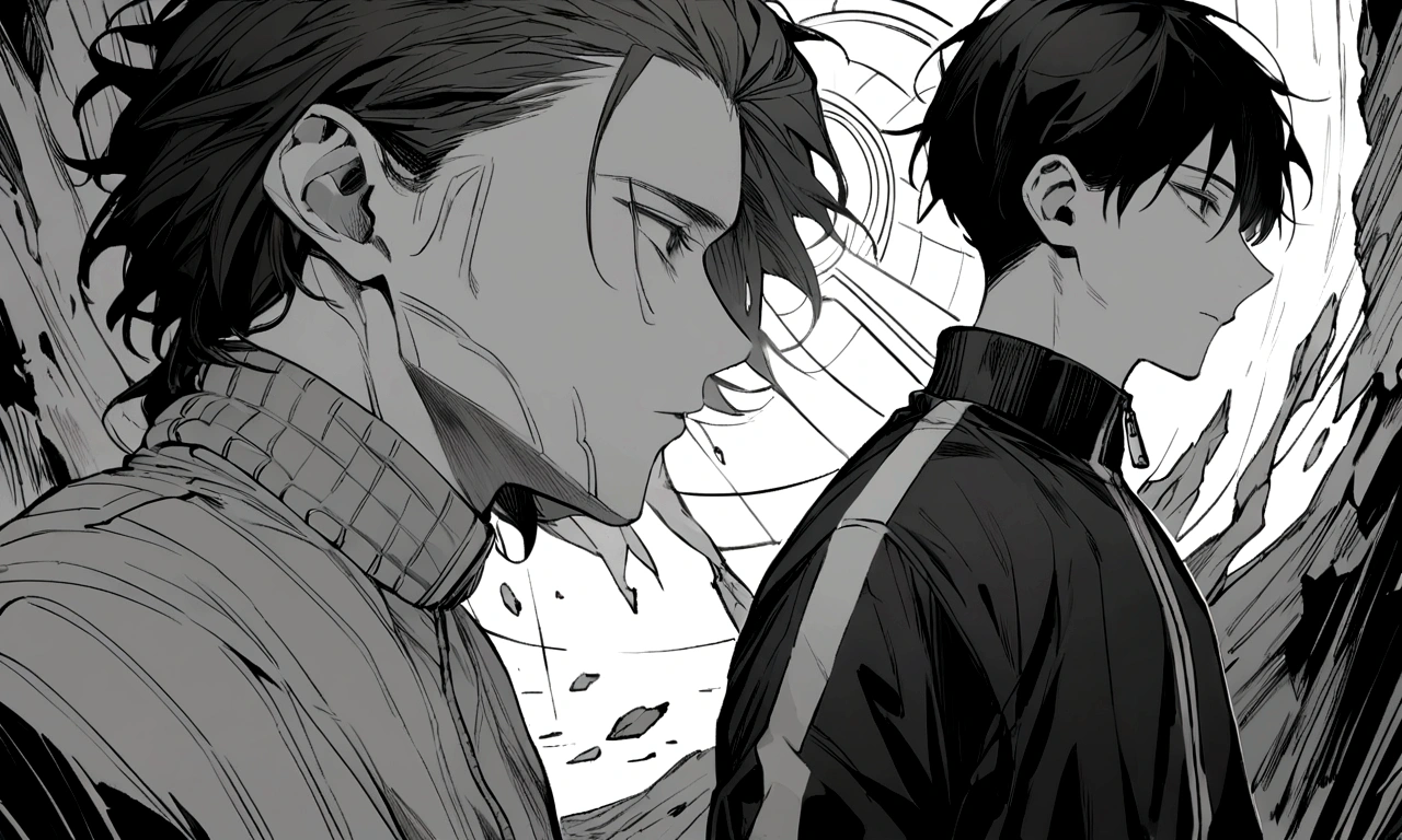 black and white drawing, collapsing giant clockwork background, machine falls apart, 26 year old male 1, black neat hair, a lonely face, wearing gray tracksuit, 