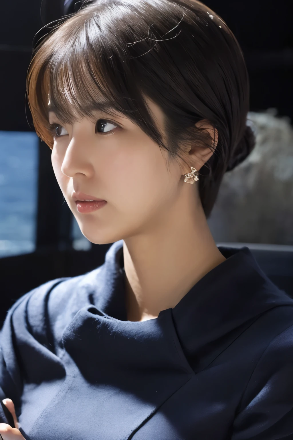 (knitwear), (top-quality, masterpiece:1.3, Super high resolution), (Photorealsitic:1.4, RAW shooting), Ultra-realistic capture, A highly detailed, high-definition 16K for human skin, Wistful, A skinny Japanese woman, 30 years old, cute face, ((Sadness face)), detailed face, detailed eyes, ((correct anatomy)), A dark-haired, Middle hair, ((Background of the sea in a starry night)), (((looking up afar at starry sky))), hair blowing in the wind