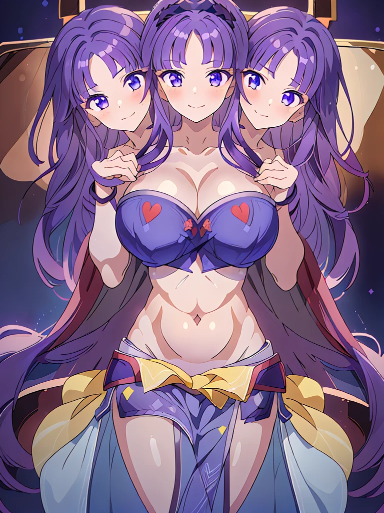 (masterpiece, best quality), best resolution, (3heads:1.5), 1girl, dark purple hair, flowing hair, smiling, soft smile, open belly, dark blue-purple crop top, purple-dark blue miniskirt, open breasts, huge tits, sexy pose, beautiful eyes, headband, blue eyes, alluring presence, beautiful eyes, detailed eyes,
