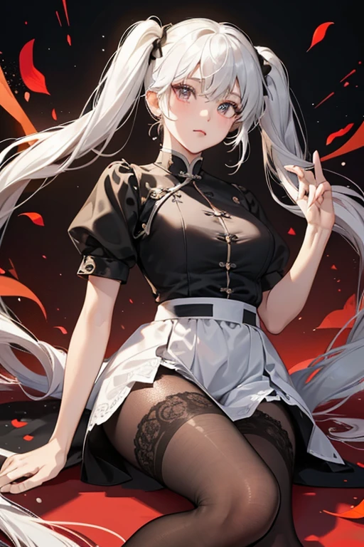 Yang Q.T. has black and white hair in two adorable pigtails, she has brown skin and eyes, she has a Yang on her left arm and is wearing a black and mostly white dress with holes and a black ribbon in the middle, she is also wearing lace tights and black ballet flats. She wears a black and white leotard-like outfit underneath, and has the Chinese character for "yang" on her back which is barely visible. SPARKLE; GLITTER