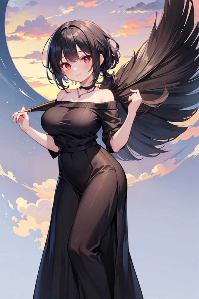 Fantasy,((Masterpiece)),((high resolution)),((Best Quality)),Anime illustration,(((1girl))),(wavy hair),(short hair),(black hair color),small ponytail,Red eyes,(Big round eyes),((tareme)),,((baby face)),((very big breasts)),Short stature,Young,,Off-the-shoulder sweater,(long maxi skirt),smile,Ladylike,