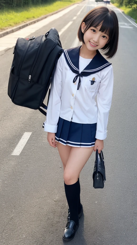 masterpiece, best quality, ultra-detailed, nsfw, simple_background, 1girl, solo, cowboy shot, black eyes, (tsurime), (((smile))),black hair, (((school uniform))),(((sailor suit))), (((cleft of venus))), (((younger))), (blunt bangs), (short stature), ((((bottomless)))),(((No panties))),(((no skirt))),(((pussy))),(bow tie),(student bag), ((walk on the road)),