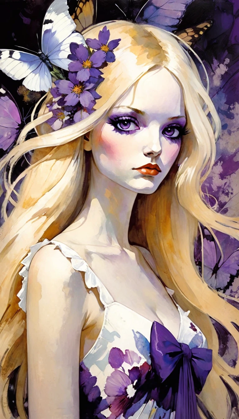 butterfly style, white hell, flower, floral print, butterfly, long hair, blonde hair, floral dress, bow, masterpiece, best quality, purple eyes, (art inspired by Bill Sienkiewicz). oil painting)