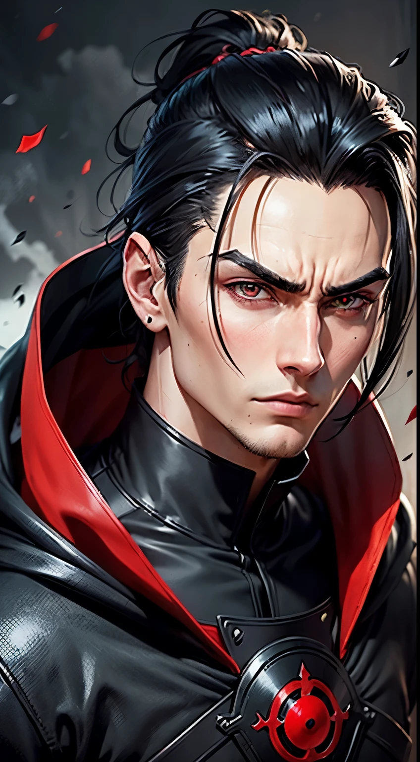Create a detailed drawing of a young man with slicked back black hair, sharp onyx eyes, featuring red irises from the Sharingan, a defined facial structure, a serious expression, wearing a high-necked black cape with red cloud patterns, and a forehead protector from the Uchiha clan. ultra realistic. dramatic scene. ultra detail.