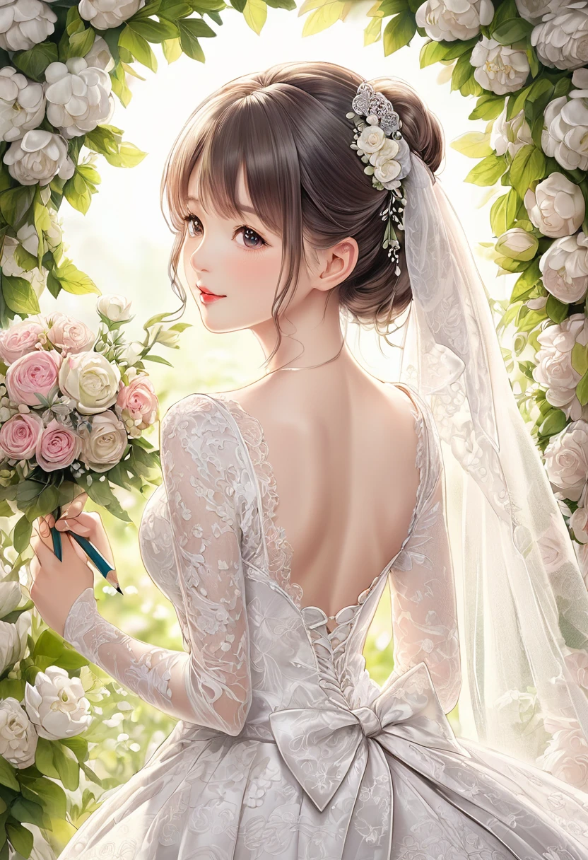 BREAK Perfect Anatomy、(High resolution:1.2)、Incredible illustrations、(Cute illustrations:1.2)、(beautiful ass)（Beautiful background）June Bride　(pencil drawing:2.0)