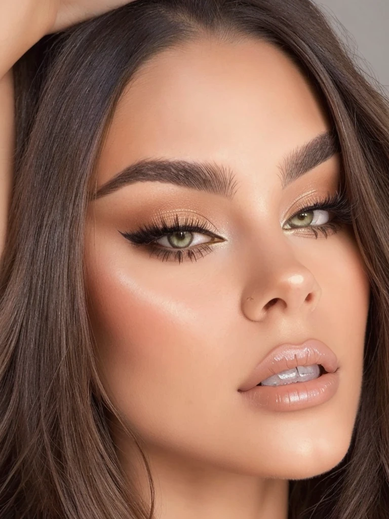 A closeup of a woman with long hair and a necklace, beautiful latin face, cara sexy with full makeup, sensual look, perfect olive skin, Madison Beer, extremely beautiful face, big thick bold eyebrows, beautiful face and perfect skin, olivia blame, Perfect face, Perfect face ), with professional makeup, cara sexy, beautiful attractive face, detailed and Perfect face