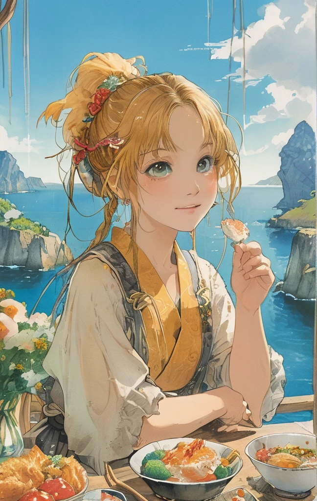 A young woman with golden hair and yellow eyes sits at the table, eating delicious food by the seaside in an anime style. The background features rocky cliffs overlooking the sea, boats floating on it, green plants, and sunlight shining through them onto her face. She is dressed in white and has a relaxed expression. On one side of her lies various dishes such as rice, vegetables, fish and meat, creating a warm atmosphere.