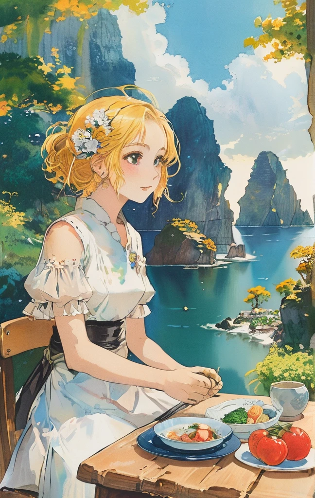 A young woman with golden hair and yellow eyes sits at the table, eating delicious food by the seaside in an anime style. The background features rocky cliffs overlooking the sea, boats floating on it, green plants, and sunlight shining through them onto her face. She is dressed in white and has a relaxed expression. On one side of her lies various dishes such as rice, vegetables, fish and meat, creating a warm atmosphere.