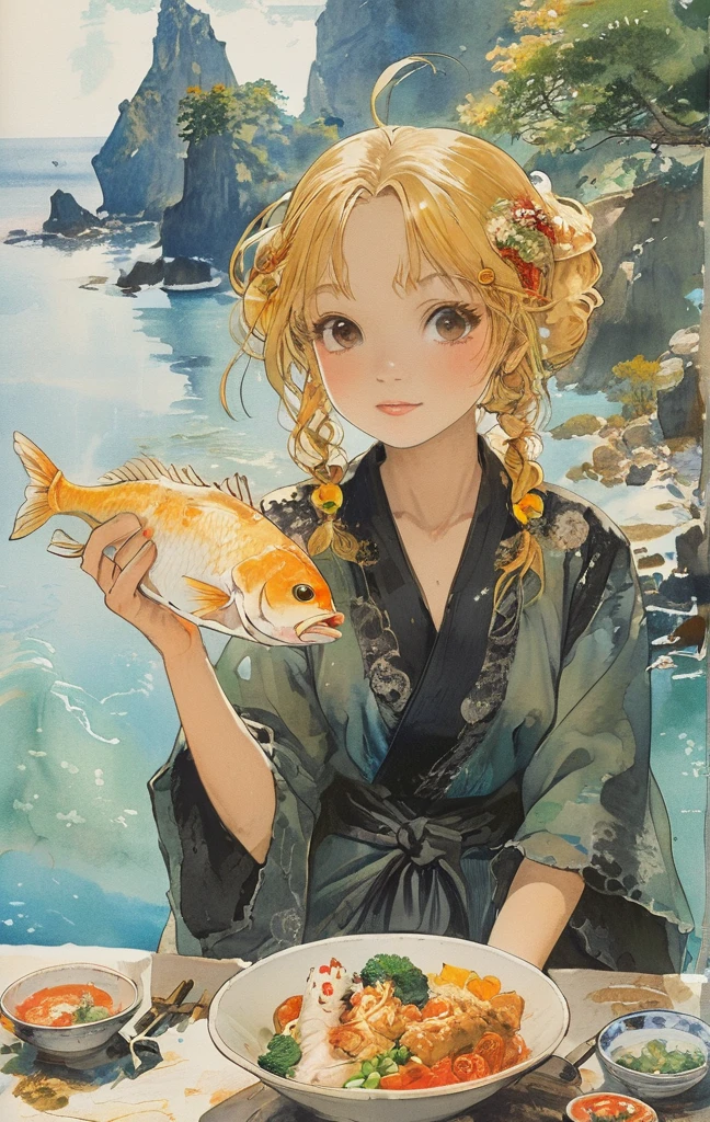 A young woman with golden hair and yellow eyes sits at the table, eating delicious food by the seaside in an anime style. The background features rocky cliffs overlooking the sea, boats floating on it, green plants, and sunlight shining through them onto her face. She is dressed in white and has a relaxed expression. On one side of her lies various dishes such as rice, vegetables, fish and meat, creating a warm atmosphere.