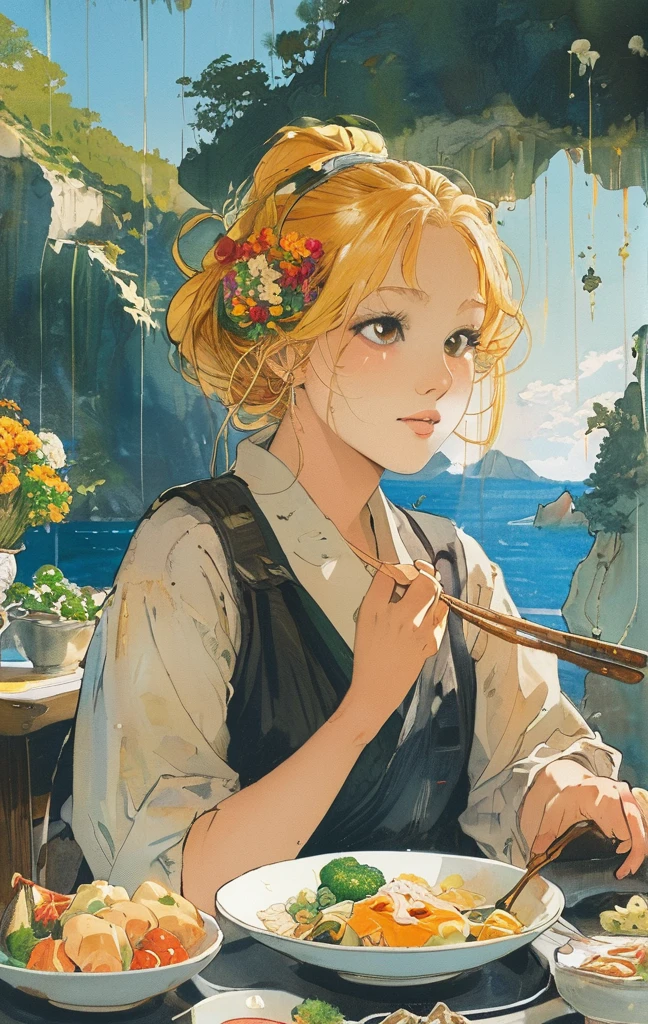 A young woman with golden hair and yellow eyes sits at the table, eating delicious food by the seaside in an anime style. The background features rocky cliffs overlooking the sea, boats floating on it, green plants, and sunlight shining through them onto her face. She is dressed in white and has a relaxed expression. On one side of her lies various dishes such as rice, vegetables, fish and meat, creating a warm atmosphere.