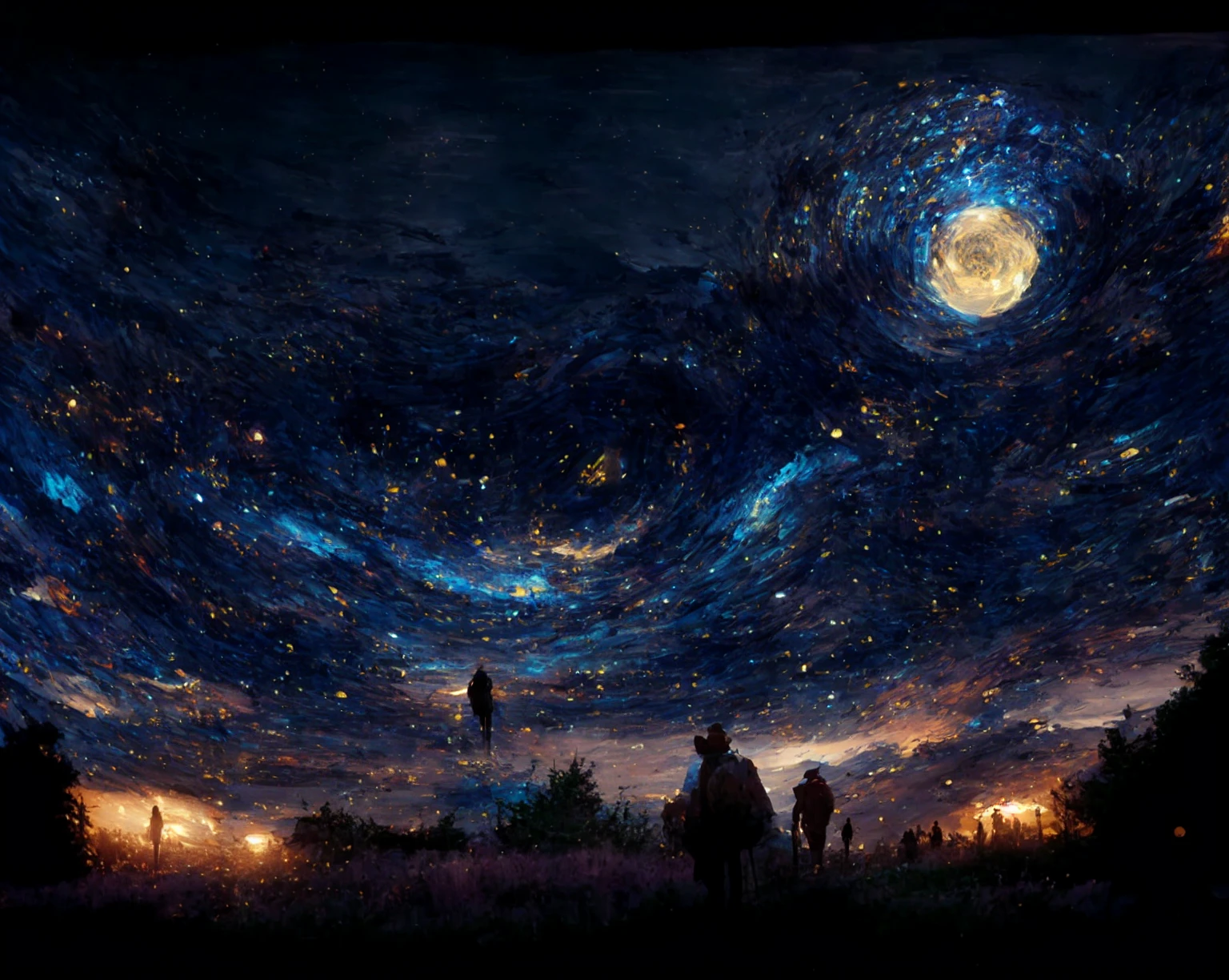 starry night sky with people walking in the distance, Highly detailed 4k digital art, beautiful art uhd 4k, amazing wallpaper, in the starry night, highly detailed 4K HD wallpaper, Anton Fadeev and Dan Mumford, 8k wallpaper hd digital art, Josan Gonzales and Dan Mumford, Wide angle fantasy art, in the style of the work of dan mumford