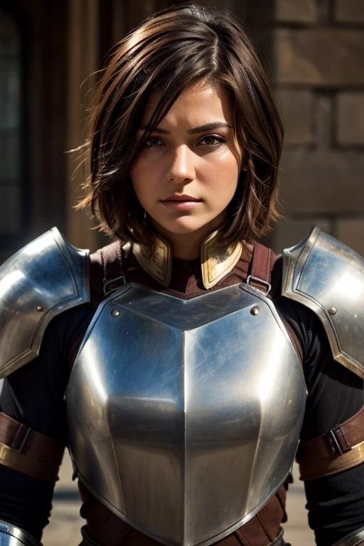 Woman with short brown hair, armor, sad brown eyes