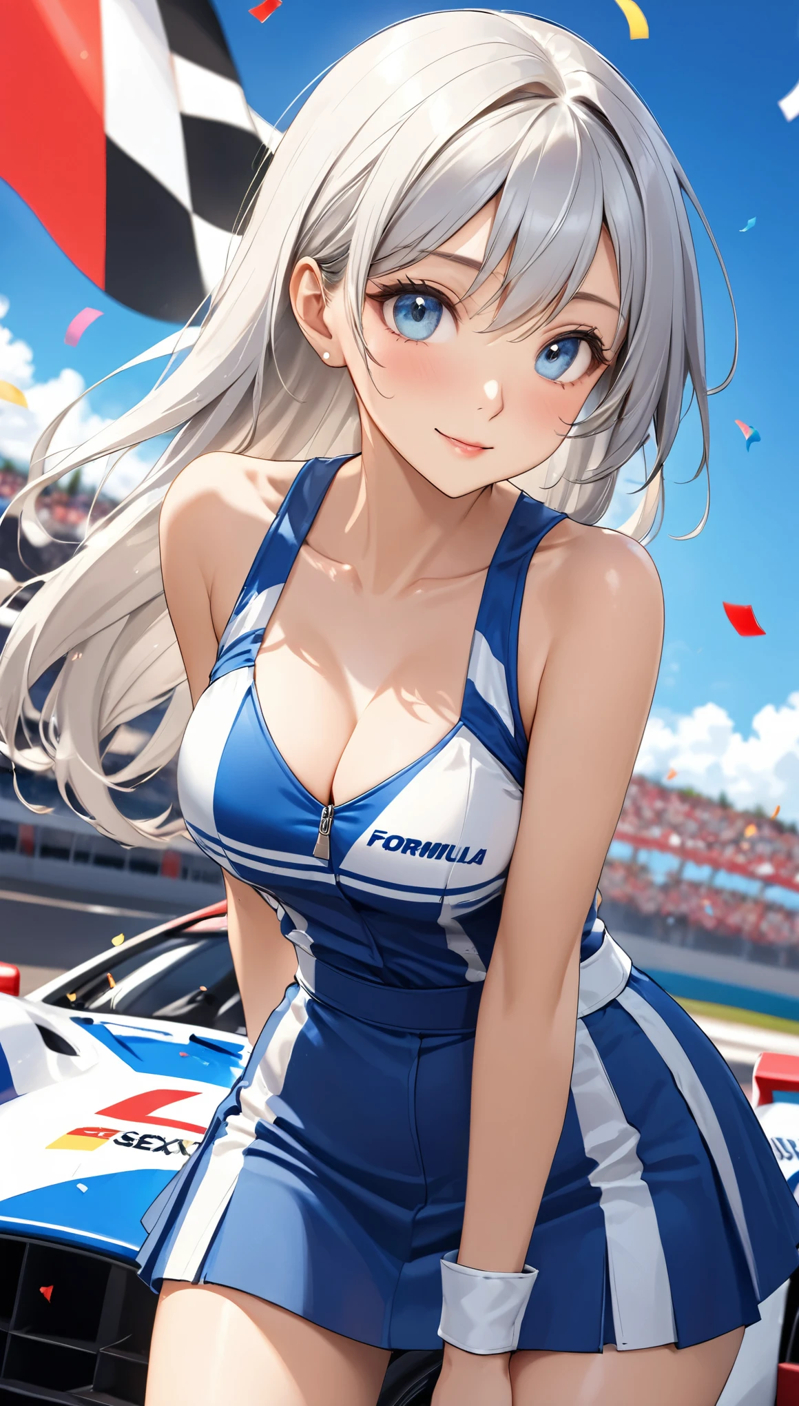 Highest quality, Super quality, 16K, Incredibly absurd, Very detailed, 2.5D, delicate and dynamic, blue sky, Confetti, Racing Car, Checkered Flag, Small face, Extremely delicate facial expression, Delicate eye depiction, Upper body close-up, sole sexy lady, healthy shaped body, 22 years old lady, Race Queen, 170cm tall, big firm bouncing busts, white silver long hair, sexy long legs, 派手なRace Queenのコスチューム, blue long skirt, white leather long boots, Formula 1, Auto Racing Track