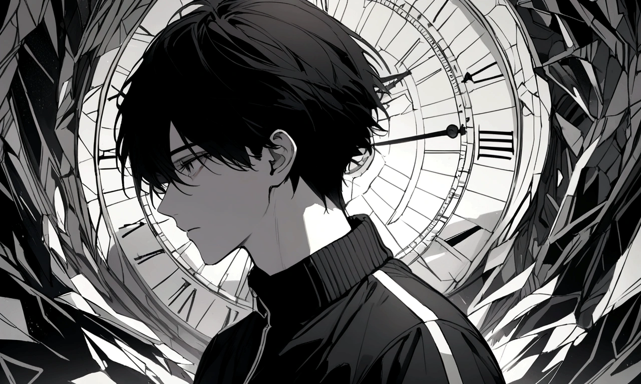 black and white drawing, collapsing giant clockwork background, shattered clockwork, 26 year old male 1, black neat hair, a lonely face, wearing gray tracksuit,