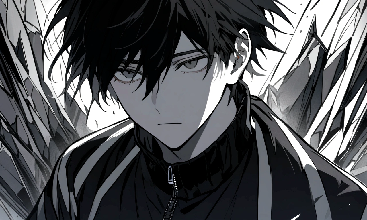 black and white drawing, collapsing giant clockwork background, shattered clockwork, 26 year old male 1, black neat hair, a lonely face, wearing gray tracksuit, 