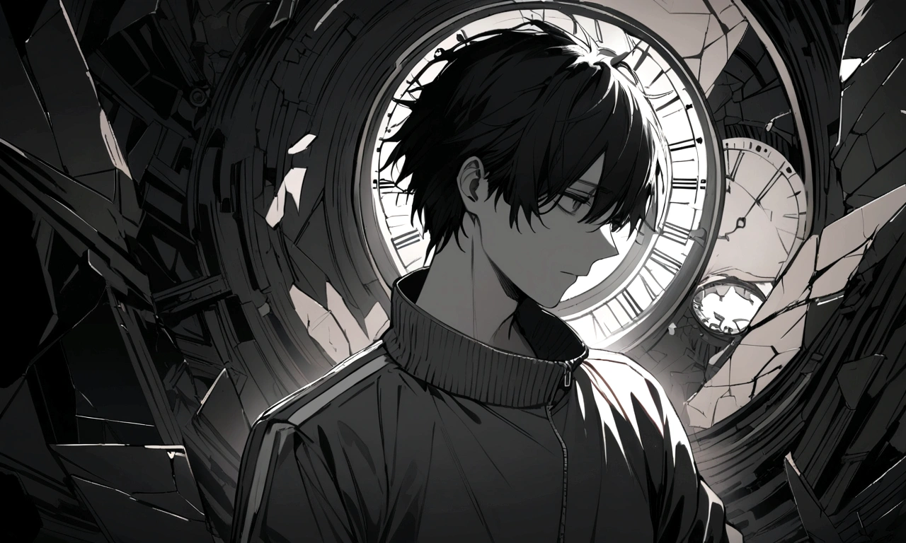 black and white drawing, collapsing giant clockwork background, shattered clockwork, 26 year old male 1, black neat hair, a lonely face, wearing gray tracksuit,