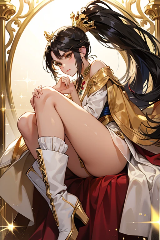 She has long black hair in a high ponytail with a large gold crown,and she brown eyes with gold eyeshadow and is wearing a gold, tan, blue, and white princess gown, she is also wearing red high top boots. SPARKLE; GLITTER