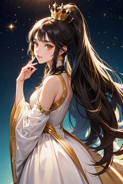 Pixiv artwork, handsome girl, goose egg face, big eyes, long eyelashes, bangs, cool handsome, domineering, exquisite (life-life realistic style), extreme face, photorealistic light and shadow, starry eyes, draped in scattered black long hair and waist, (flowing hair) shiny jewelry, (black starry sky background), upper body background, wearing a sparkling yellow skirt, breasts, swan neck, looking back, beautiful, extremely high quality, cinematic graphics, high quality CG, 8K resolution. smile