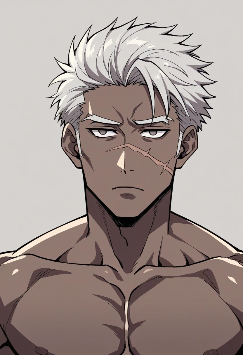 肌肉男, thick-skinned, dark gray skin color, dark black skin, shorth hair, perfil, sores and scars, look with empty eyes, cloused mouth, gray lips, Handsome, definitive man chin. bonitas, Handsome, sensuous, gostoso