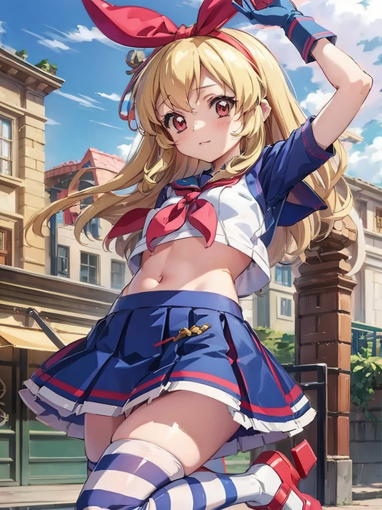 a nude anime character with long pink hair wearing striped uniform and heels, shimakaze (kancolle), 1girl, panties, underwear, skirt, long hair, gloves, elbow gloves, striped, from below, thighhighs, striped thighhighs, white gloves, solo, black panties, blonde hair, navel, crop top, breasts, skindentation, pleated skirt, blush, sailor collar, neckerchief, blue skirt, highleg panties, upskirt, miniskirt, hairband, serafuku, cameltoe, thighs,