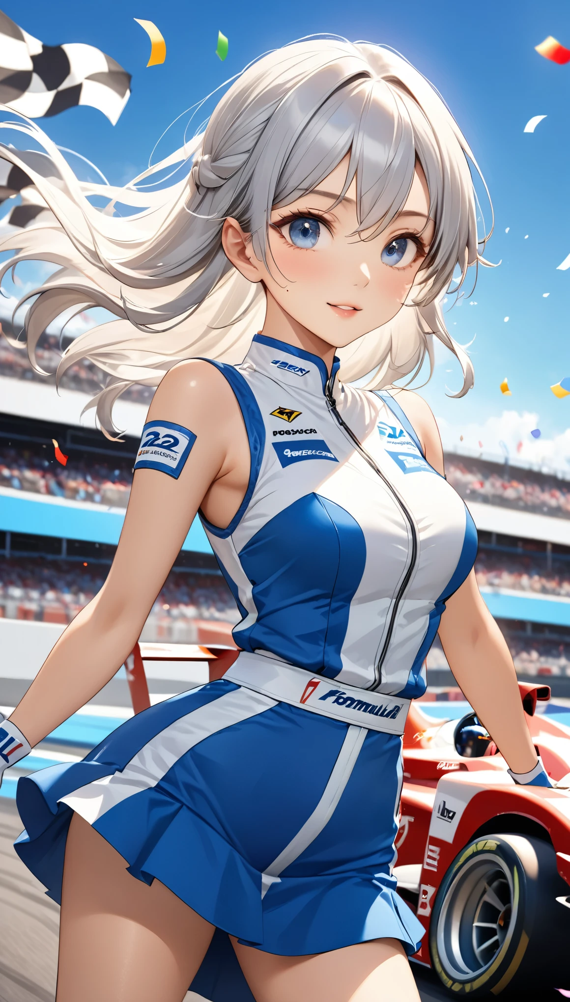 Highest quality, Super quality, 16K, Incredibly absurd, Very detailed, 2.5D, delicate and dynamic, blue sky, Confetti, Racing Car, Checkered Flag, Small face, Extremely delicate facial expression, Delicate eye depiction, Upper body close-up, sole sexy lady, healthy shaped body, 22 years old lady, Race Queen, 170cm tall, big firm bouncing busts, white silver long hair, sexy long legs, 派手なRace Queenのコスチューム, blue long skirt, white leather long boots, Formula 1, Auto Racing Track