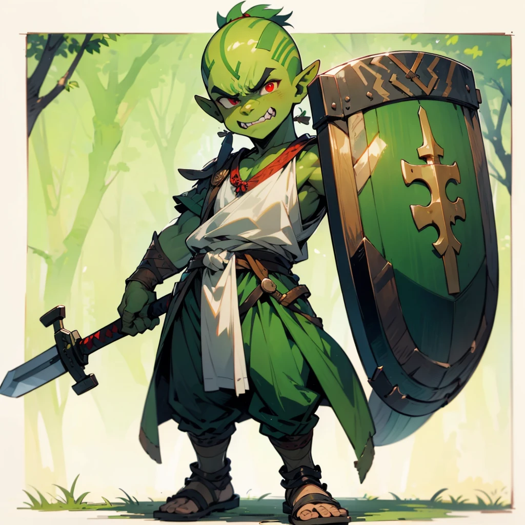 1**********s orc, orc version, Full body version, red eyes, green colour skins, angry eyes, bald hairstyle, angry expression, ancient Greek clothing, ancient Greek sandals, wood sword in hand, small shield wood, wood armor vest, Grassroots background in forest 