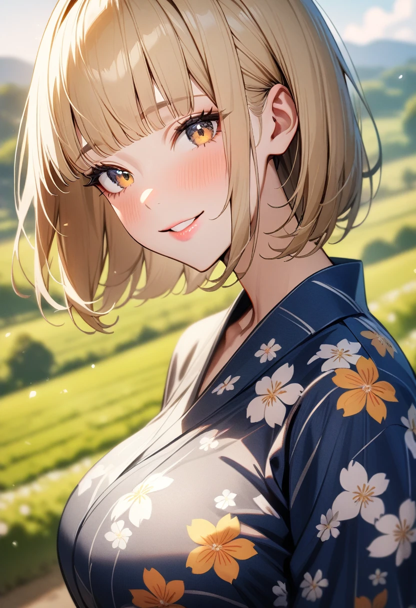 1girl,solo,super detailed skin,shiny skin,natural smile ,eyelashes,lips gloss,blonde hair, hime cut,blunt bangs,short hair ,large breasts ,floral printed yukata,countryside ,masterpiece,best quality,ultra detailed,high resolution,sharp focus,depth of field