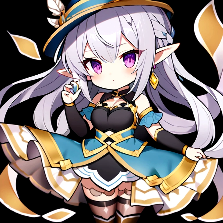 1girl chibi, seven,/(sword of online/),pointy ears, transparent background, earrings, jewelry, solo, long hair, thighhighs, black background, purple eyes, detached sleeves, dress, hat, breasts, elf, looking at viewer , standing, very long hair, silver hair, blue dress