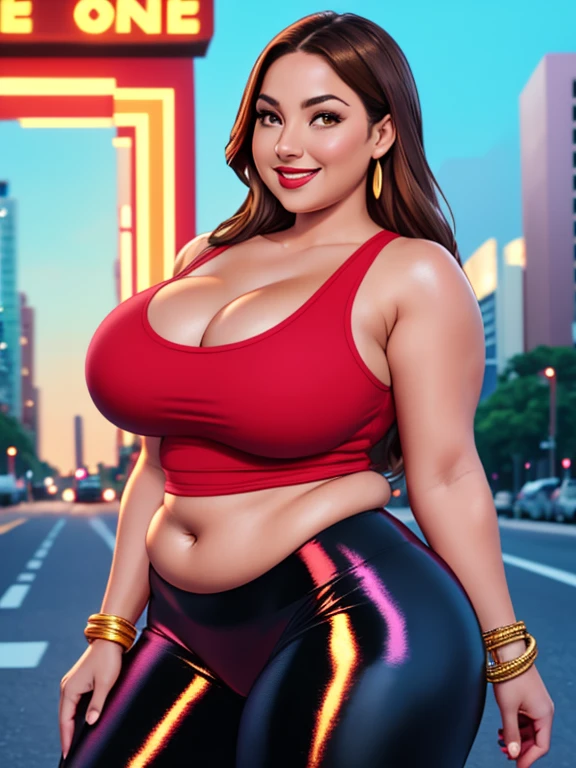 Latina woman, 42 years old, long brown hair, tan-bronze skin, plus size milf body, MILF, chubby figure, chubby face, attractive face, mascara, red lips, beautifully detailed eyes, carefree smile, confident expression, she very amused, hands on hips, looking from behind, (wearing red tank-top, shiny black leggings and golden bracelets), wide hips, large thighs, beautiful thick female, thick thighs, she has a jiggly fat round belly, she has a wide load butt, standing in the streets of Miami, best quality, cinematic lighting, detailed background, soft volumetric lights, intricate details,