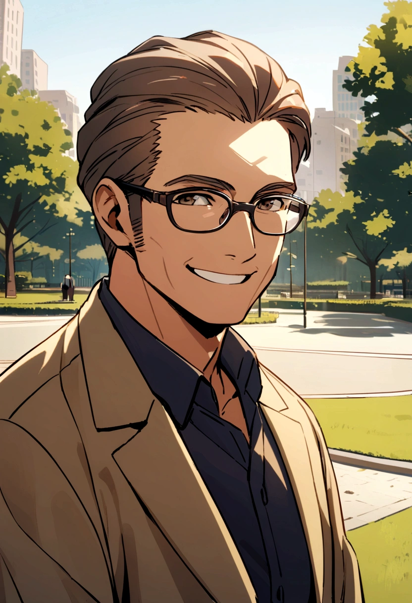 man, light brunette, no beard aged 47 years old smiling wearing glasses with a park in the background