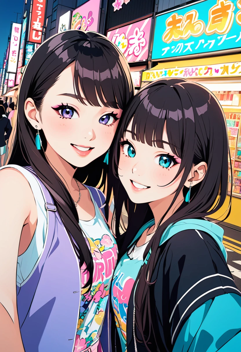 (masterpiece, best quality:1.1),
popart style,flat color,(two girls),cute face,tween Gal,(enjoying purikura),(Harajuku,tokyo),beautiful detailed scenery,selfie, friendly,very happy,beautiful lighting,dynamic angle,depth of field,photographic portrait, sharp,