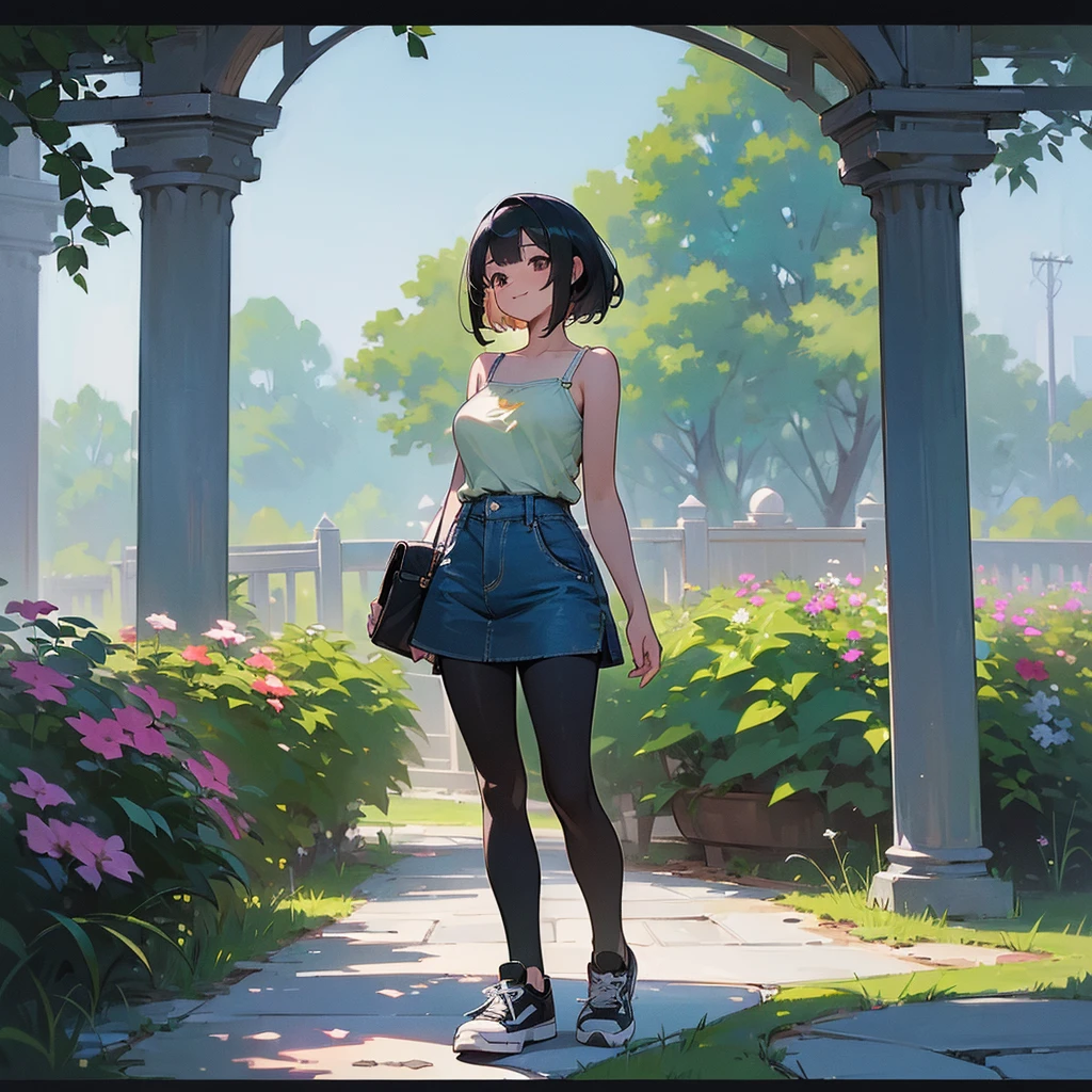 (high quality, High resolution, Very detailed, reality:1.37), Peaceful atmosphere, (Outdoor, garden), Teenage girl standing alone, (my breasts are big.), Beautiful details, Cute Smile, (Black bob hair), camisole, Denim skirt, Black tights, sneakers.