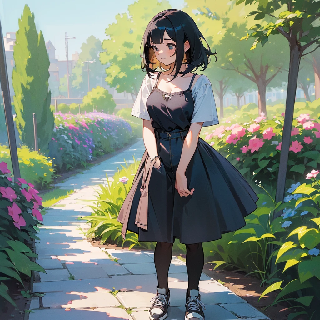 (high quality, High resolution, Very detailed, reality:1.37), Peaceful atmosphere, (Outdoor, garden), Teenage girl standing alone, (my breasts are big.), Beautiful details, Cute Smile, (Black bob hair), camisole, Denim skirt, Black tights, sneakers.