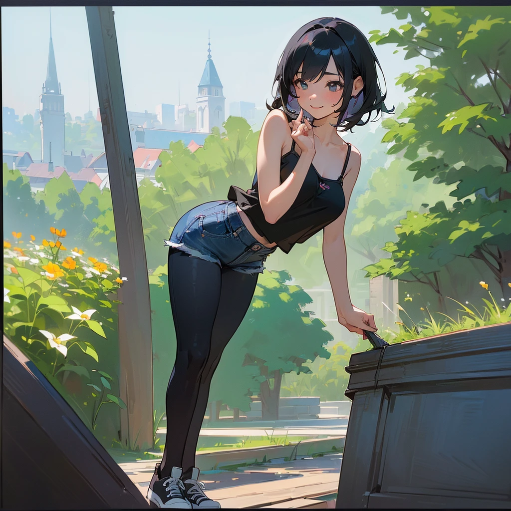 (high quality, High resolution, Very detailed, reality:1.37), Peaceful atmosphere, (Outdoor, garden), Teenage girl standing alone, (my breasts are big.), Beautiful details, Cute Smile, (Black bob hair), camisole, Denim skirt, Black tights, sneakers.