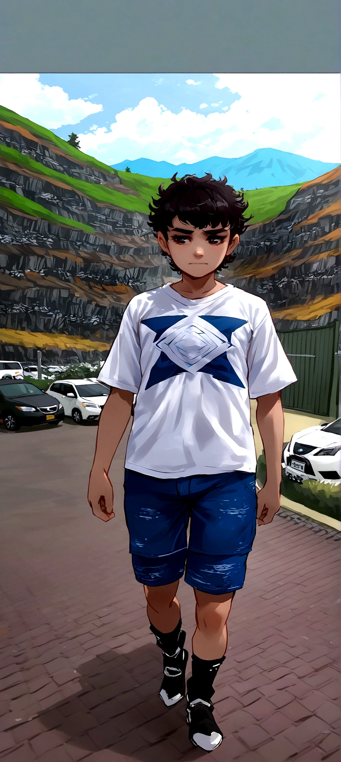 clear boy, side shaved hair, very curly hair, curly hair, eyes browns, Bblack hair