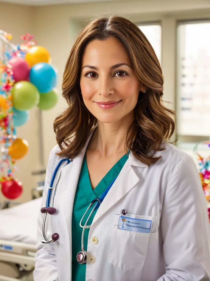 "A dedicated female pediatrician in her early 30s, with shoulder-length brown hair and warm brown eyes, smiling as she examines a in a hospital room filled with colorful decorations — realistic, consistent characters, 16:9"