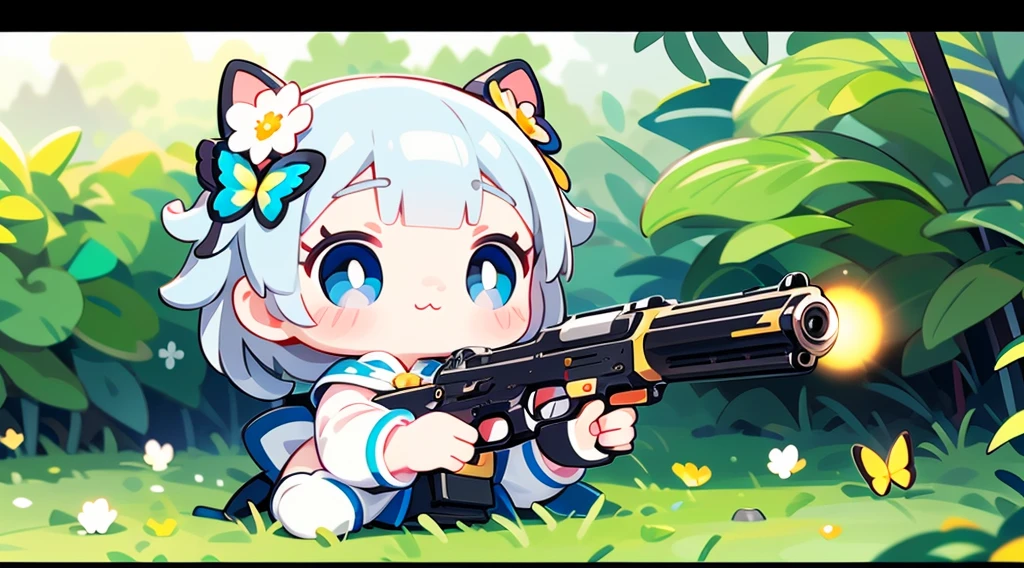 Octane Render、(Hyper-detailing: 1.15)、cinematic lightening、Cute Fantasy Princess、Handgun shooting practice、Fine Pattern Pistol,long boots、ultradetailed eyes、Full Paint、(Floral hair ornament、butterfly hair ornament)、masutepiece、Anatomically correct、blur、depth of fields