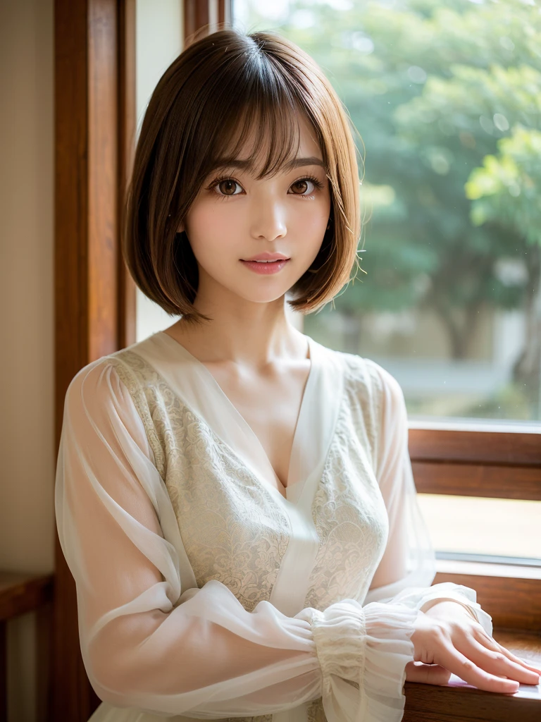 super highest quality, face focus, soft light, ultra high resolution, (realistic:1.4), RAW photo,
1 Japanese girl, alone, cute, (pupil, There'There's a light in my eyes), (detailed beautiful face:1.3) ((High resolution details of human skin texture:1.3)
(long hair),
indoor,
Damask Shirt Dress, (Beautiful straight bob hair styled down to the tips:1.3) elegant and neat intelligent and stylish
(portrait) High definition focus on pupil diffused light from window beautiful gradation gentle smile Beautiful gradation