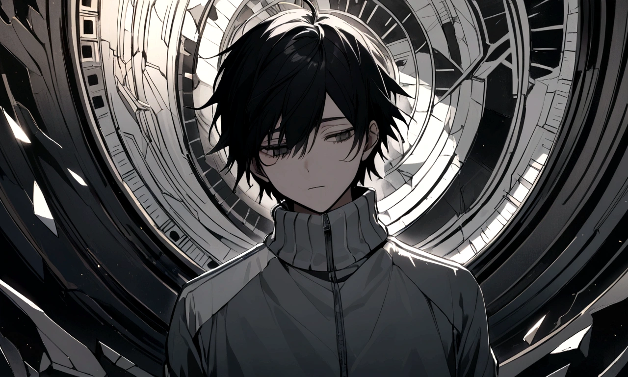 black and white drawing, collapsing giant clockwork background, shattered clockwork, 26 year old male 1, black neat hair, a lonely face, wearing gray tracksuit,