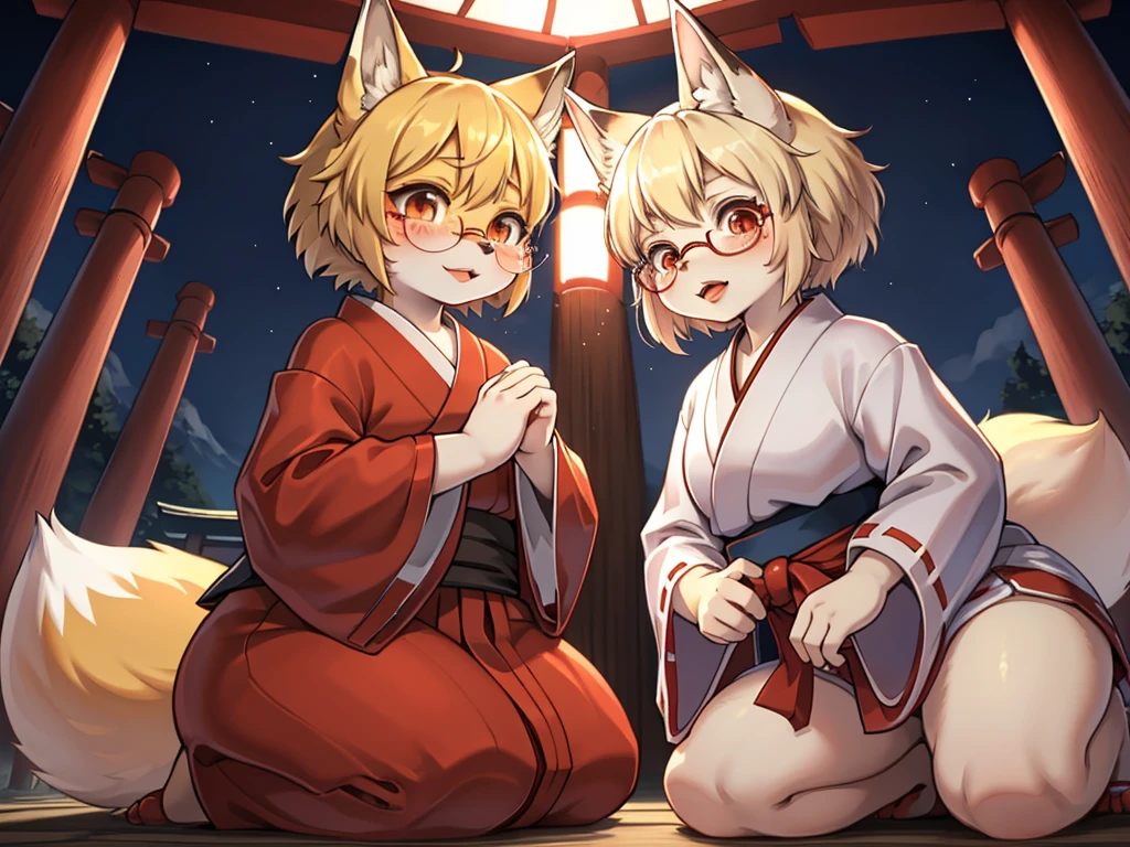 Japanese horror movie style , Japanese shrine maiden outfit fox , short blonde hair, freckles, (thick lips), plump, glasses , Suspicion eyes , gohei , Japanese monster fight scene , with youkai