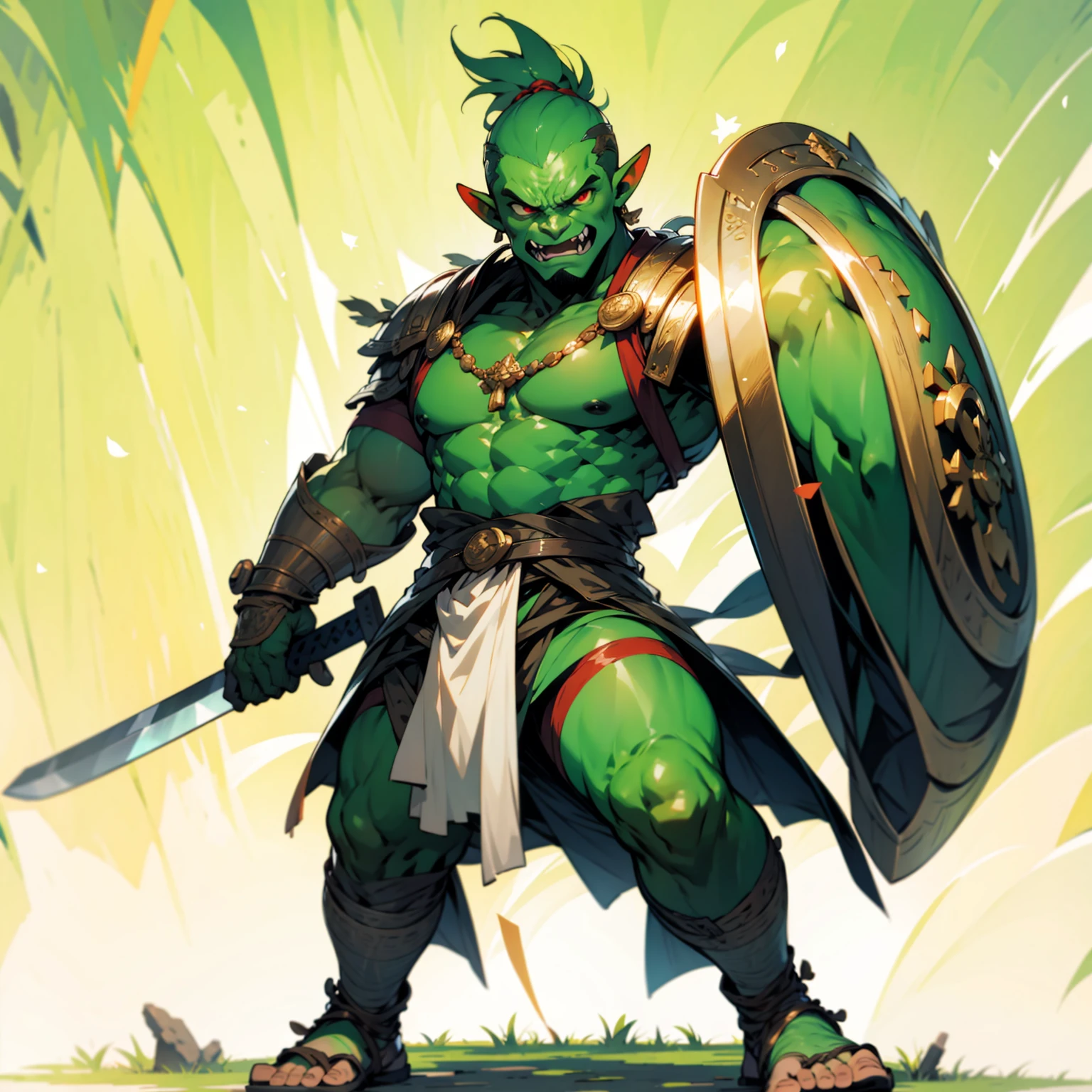 1boys orc, orc version, Full body version, red eyes, green colour skins, angry eyes, bald hairstyle, angry expression, ancient Greek clothing, ancient Greek sandals, spatha sword in hand, small shield gold, gold armor vest, Grassroots background in forest 