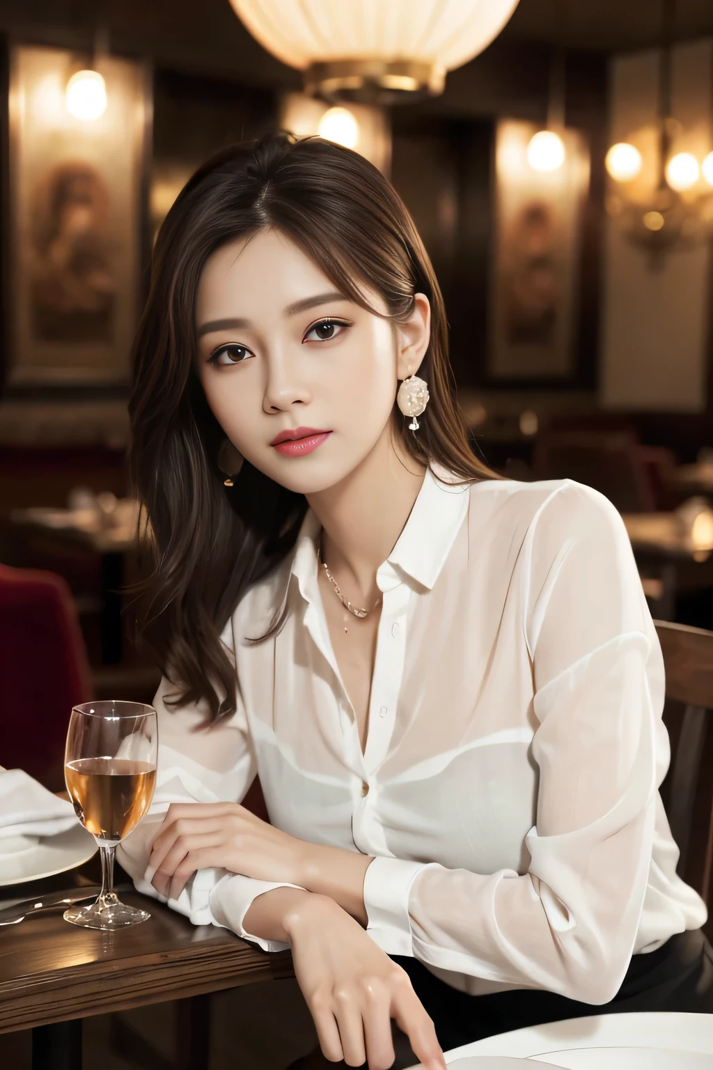 masterpiece, Highest quality, Realistic, Very detailed, Finer details, High resolution, 8k wallpaper, One beautiful woman, Wear an elegant see-through shirt, In a great restaurant, At night, Light brown messy hair, Perfect dynamic composition, Beautiful and beautiful eyes、Big earrings、Sit on a chair、