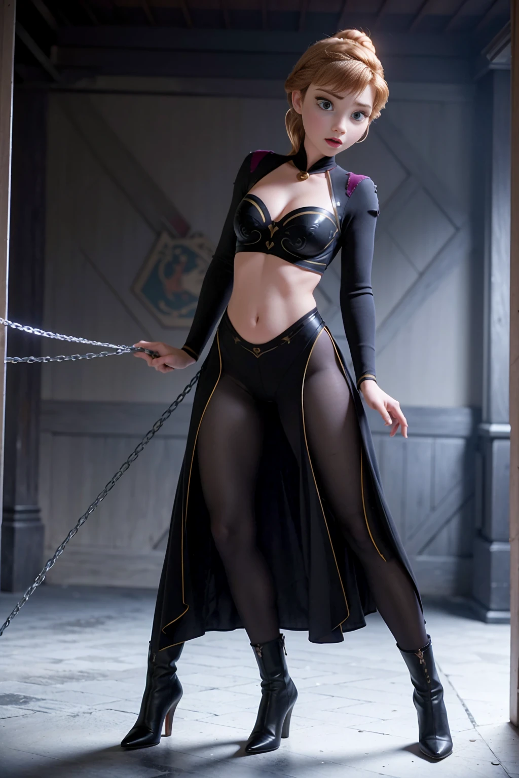 (((full body photo)))Photo of Anna of Arendelle wearing dominatrix suit, tight bdsm suit, standing seductively, dark room,, looking at camera, long ankle boots, belly button showing