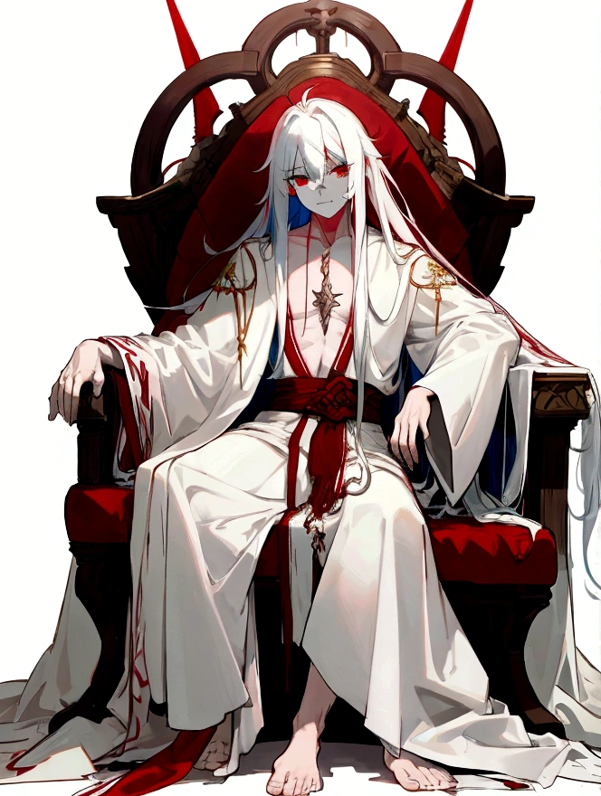 full-length, guy, heterochromia, green and red eyes, blue skin, long curly white hair, white robe, scraps of a robe, sitting
