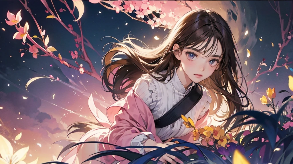 32k, Masterpiece, Highest quality, One girl, Brown Hair, Detailed eyes, flower,Freesia, Pink and navy style,A dreamy, romantic piece,Pale yellow, Mysterious Leaves,A playful arrangement,Fantasy,High Contrast,Ink strokes,explosion,Exposure, Impression of pink and navy tones,Abstract, Brush strokes,Negative Space, Tyndall effect,